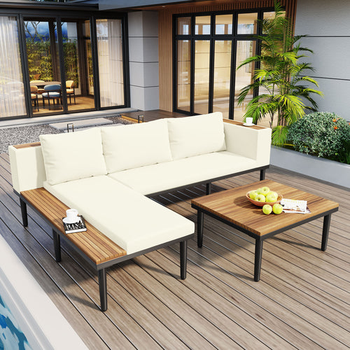 Outdoor Patio Set Acacia Wood Iron Beige L-Shape Seats 6 396 LB
