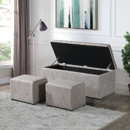 Storage Ottoman Set - Rectangular - Linen Fabric - Beige
