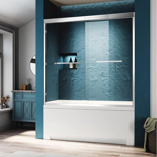 56-60in W x 60in H Double Sliding Tub Shower Door, Chrome Aluminum, 6mm Glass
