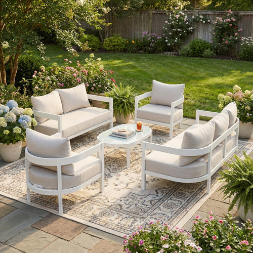 Outdoor Conversation Set Aluminum White Curved 5 Piece Seats 7