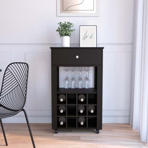 Bar Cart - Black - 12 Bottle Racks - Drawer and Shelf - 39"H