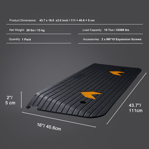 Threshold Ramp Rubber 2 In Non-Slip Beveled Edges Doorway 43.7x16 In Channel
