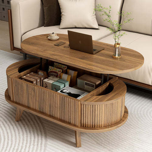Walnut Oval Lift Top Coffee Table with Hidden Compartment