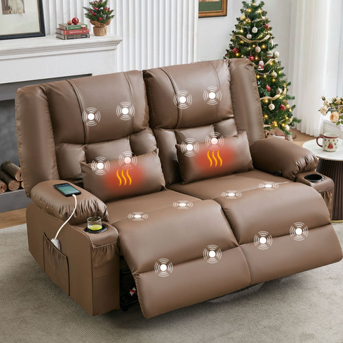 Manual Recliner Loveseat with Massage, Heat, Cup Holders - Brown
