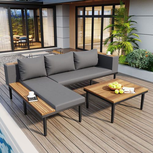 Outdoor Patio Set Acacia Wood Iron Gray L-Shape Seats 6 396 LB