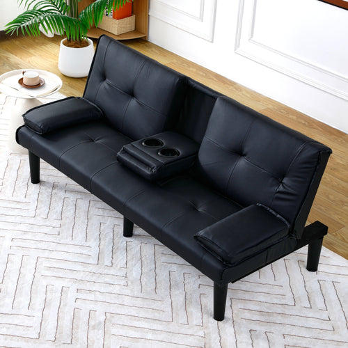67-inch Black PVC Multi-Functional Sofa Bed with Foldable Design and Cup Holder