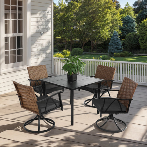 5 Piece Outdoor Wicker Dining Set, Steel Table, 4 Swivel Rocker Chairs