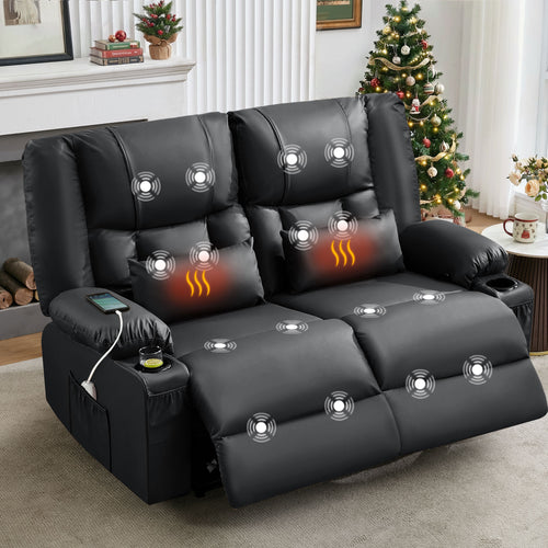 Manual Recliner Loveseat with Massage, Heat, Cup Holders