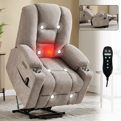 Power Lift Recliner Chair Massage Heat USB Khaki