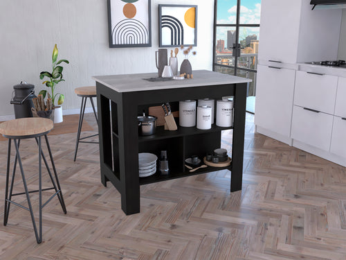Cala Kitchen Island Black Ibiza Marble Three Shelves