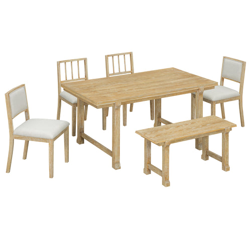 6-Piece Farmhouse Dining Set with Wood Legs & Dual-Style Chairs