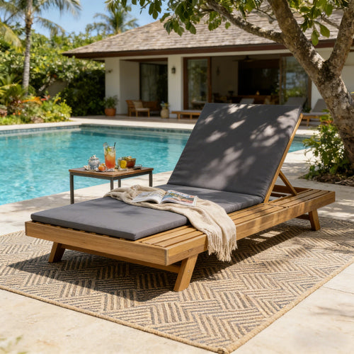 Acacia Wood Lounge Chaise Set w/ Water-Resistant Cushions