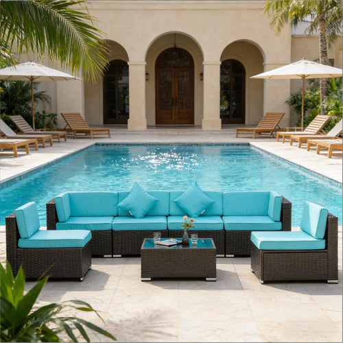 Outdoor Sectional Set PE Rattan Steel Turquoise 7pc