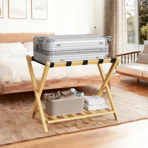 Folding Bamboo Luggage Rack 29×28×3 Inch, Foldable Suitcase Stand