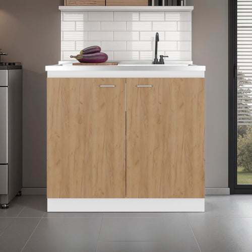 Salento Freestanding Double Door Sink Cabinet White Natural Oak
