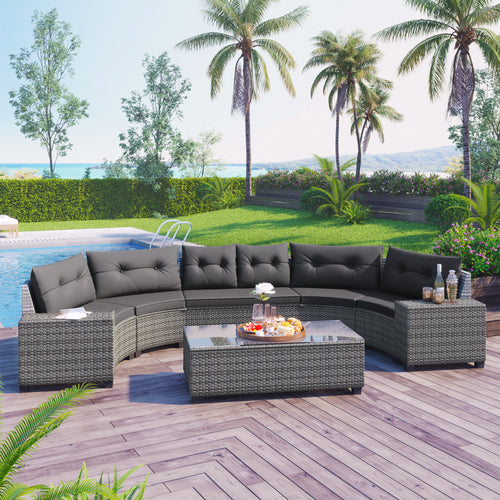 Outdoor Sectional Set PE Wicker Steel Gray Half Moon 8 Piece 250 LB