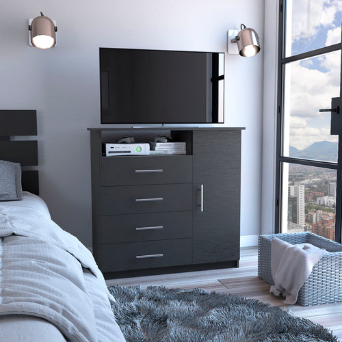 Black 4 Drawer Dresser with Cabinet and Open Shelf