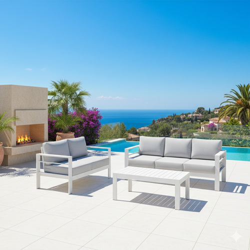 Outdoor Patio Set 3-Piece Aluminum White Gray Cushions