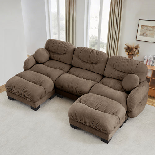 Sectional Sofa Modular Chenille Brown 3 Seat 2 Ottomans Pleated Backrest