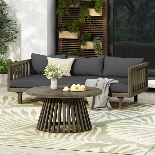Outdoor Daybed Set Acacia Wood Gray 3 Seater Round Coffee Table
