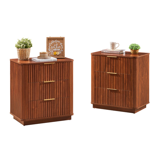 3-Drawer Nightstand Set of 2, 23.6 in Wide, Curved Wave Design, Walnut