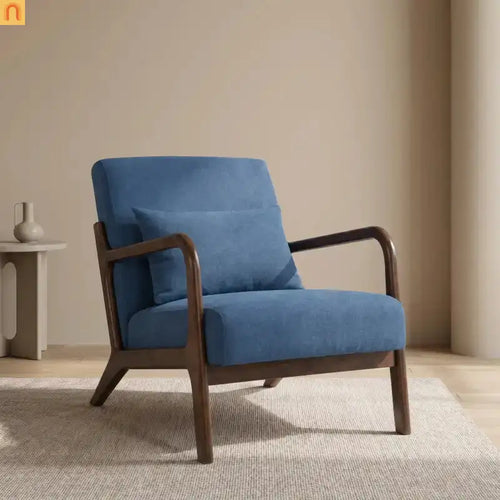 Accent Chair Mid-Century Cotton Linen Blue Wood Frame 250 lb