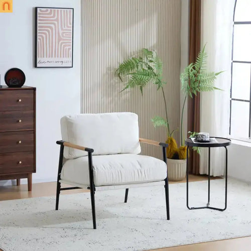 Accent Chair Modern Metal Frame Wood Armrests Beige Foam 27in