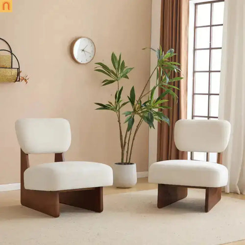 Accent Chair Modern Minimalist Polyester Beige Set of 2 Walnut Base