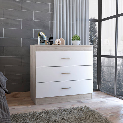Melia Three Drawer Dresser Light Gray White Metal Hardware