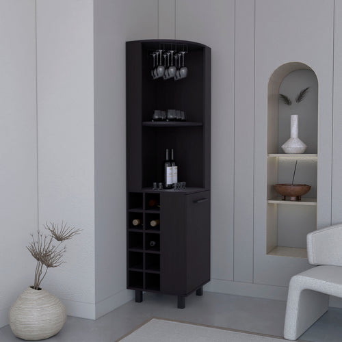 70" Tall Corner Bar Cabinet Black Wengue Wine Bottle Storage