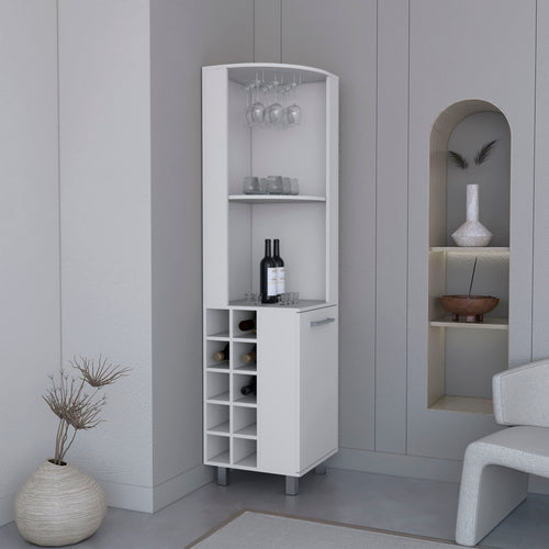 Kaia 70" Tall Corner Bar Cabinet With Four Shelves, Ten Wine Bottle Cubbies