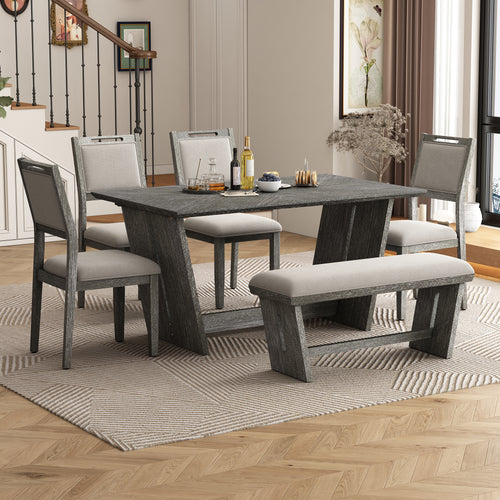 6-Piece Retro Dining Table Set for 6, 60' Wood Kitchen Table and Chairs Set of