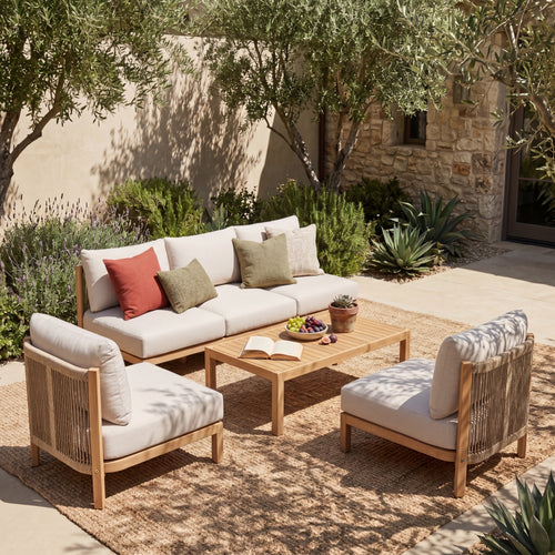 4 Piece Set Acacia wood Outdoor Sofa Set, outdoor rope-woven chair, deep seat