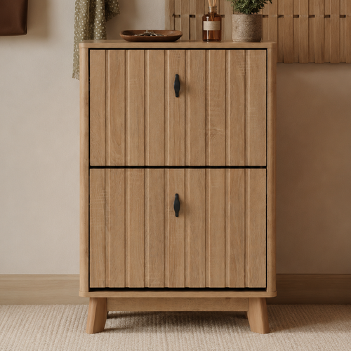 23.6" Oak Entryway Shoe Cabinet Flip-Down Storage Freestanding