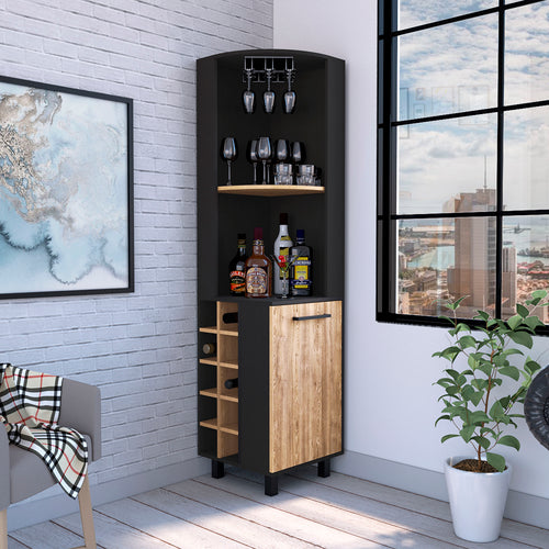 70" Tall Corner Bar Cabinet Black Pine Wine Bottle Storage