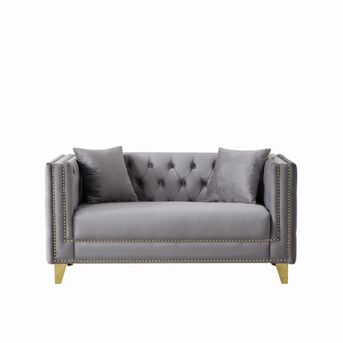 58" Chesterfield Velvet 2-Seater Sofa with Button Nailhead Grey