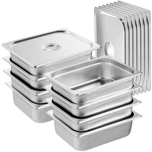 8 Pack 1/2 Size Stainless Steel Hotel Steam Table Pans with Lids