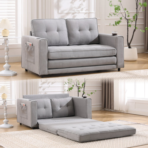 Sofa Bed Futon Tufted 3-in-1 Light Gray Pull-Out Sleeper Side Pockets 55 In