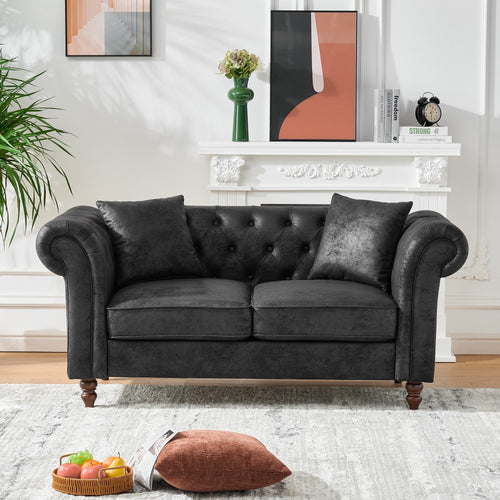 Chesterfield Faux Leather Sofa Black 66 Inch Roll Armrest
