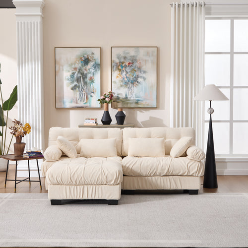 Sectional Sofa L-Shape Cloud Flannelette Beige 3 Seat 88 In 4 Pillows