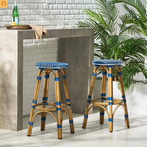 Outdoor Bar Stool PE Rattan Aluminum Navy Blue Backless 29.5in Set of 2
