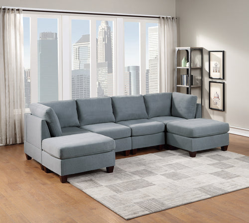 6pc Grey Linen Modular Sectional Couch U-Shape with Ottomans