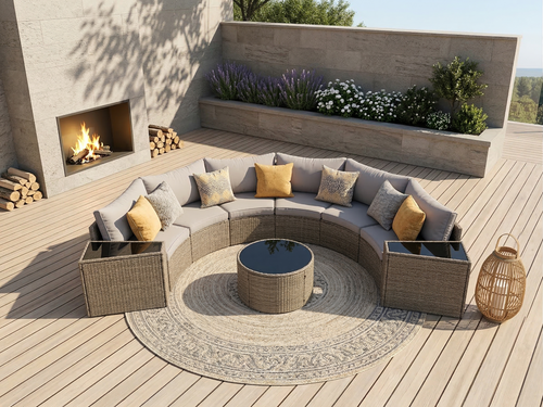 Outdoor Sectional Set PE Rattan Steel Light Gray Half Moon 9 Piece 380 LB