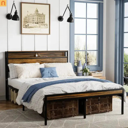 Bed Frame Queen LED Headboard Antique Brown USB Ports Storage