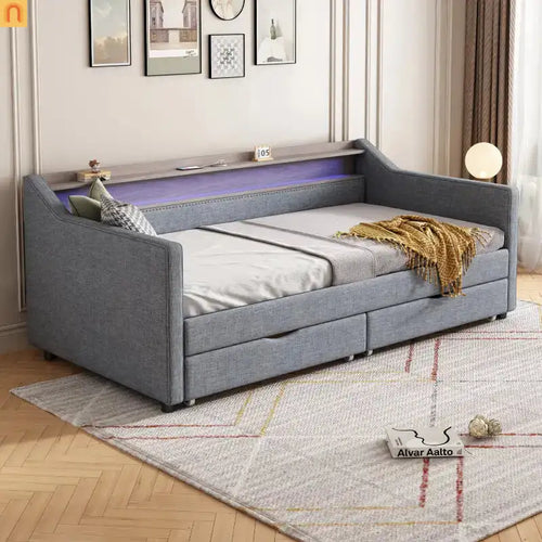 Bed Frame Daybed Twin Linen Light Gray 16-Color LED USB Storage