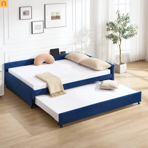 Bed Frame Daybed Velvet Navy Diamond Grid Pull-Out Trundle Full