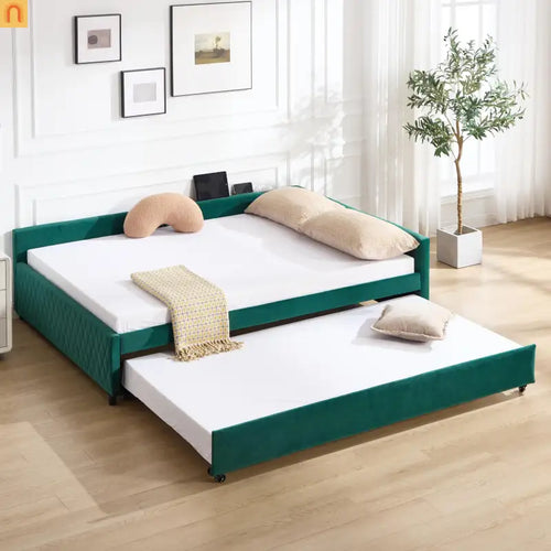 Bed Frame Daybed Velvet Emerald Diamond Grid Pull-Out Trundle Full