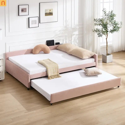 Bed Frame Daybed Velvet Pink Diamond Grid Pull-Out Trundle Full