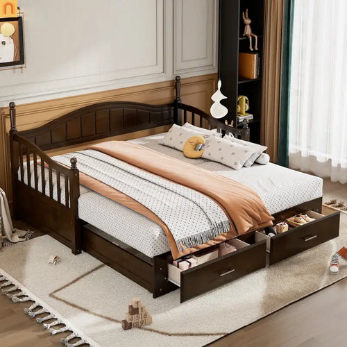 Bed Frame Daybed Wood Espresso Twin Roll-Out Trundle Drawers 250 lb