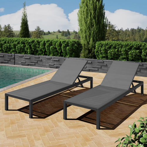 Outdoor Chaise Lounge Mesh Aluminum Black Gray Set of 2 Adjustable 77.5x25 In